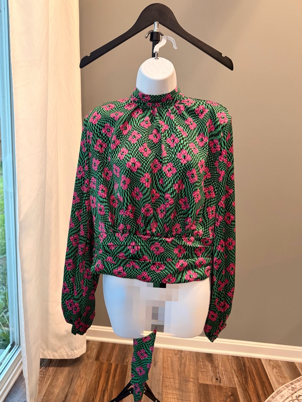 Funky Groovy Long Sleeve Blouse Top Shirt L Checkered Floral Party Club Vacation